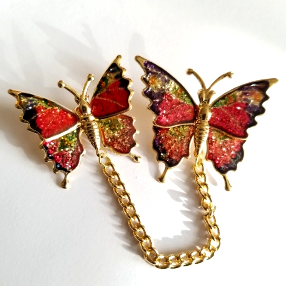 Vintage glitter butterfly brooch set New old stock Gold tone insect bug